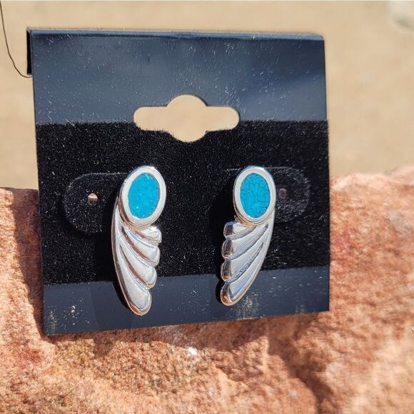 New! Genuine Turquoise Southwestern Wing Earrings - Picture 2 of 2